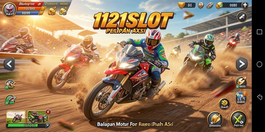 Tampilan gameplay menegangkan dalam 1121SLOT saat balapan motor.