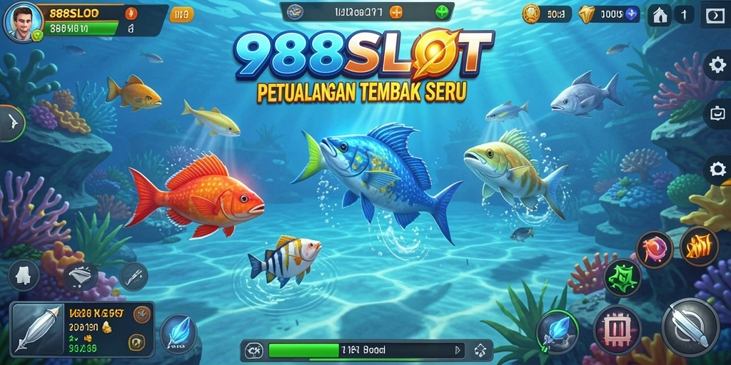 Screenshot 988SLOT menampilkan gameplay seru saat menembak ikan.
