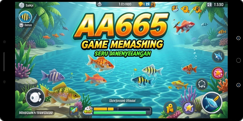 Screenshot utama AA666 menampilkan pemain sedang menangkap ikan di latar belakang yang indah.