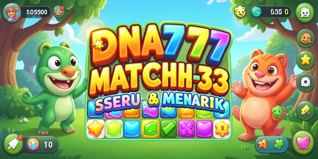 Screenshot menunjukkan gameplay seru dari DNA777 dengan elemen Match-3 yang berwarna-warni.