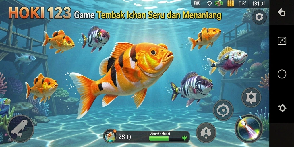 Screenshot utama HOKI123 menampilkan aksi menembak ikan yang seru.
