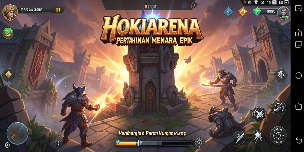 Tampilan gameplay menarik HOKIARENA dengan menara dan musuh yang dinamis.