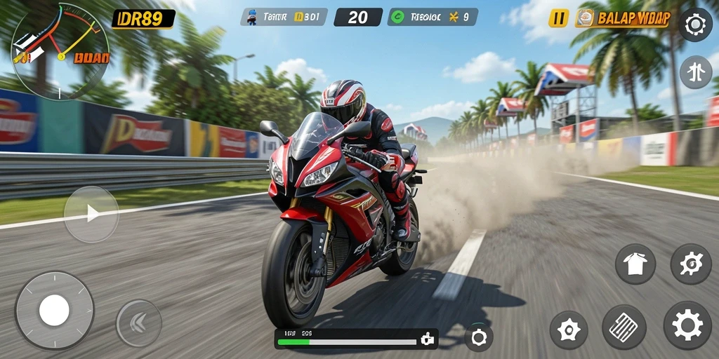 Tampilan gameplay seru dari IDR89 saat balap motor penuh aksi.