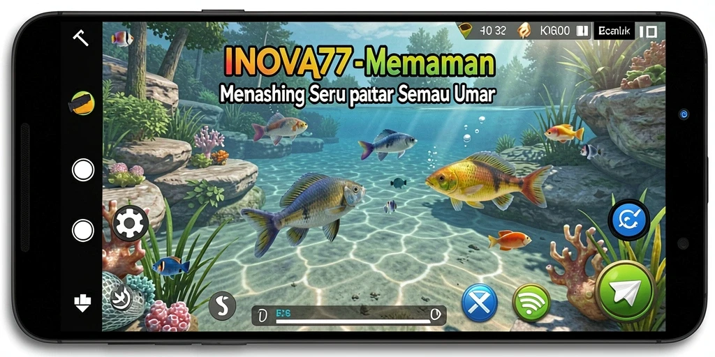 Tampilan utama INOVA77 menampilkan aksi memancing yang seru dan grafis menarik.