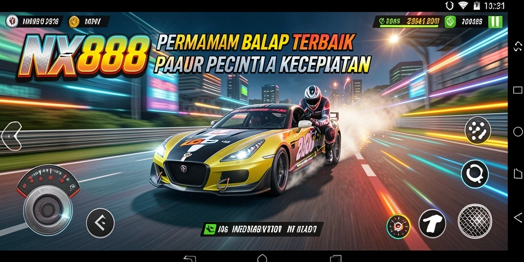 Gameplay seru NX888 dengan mobil balap di trek yang menantang.