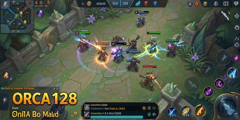 Screenshot utama ORCA128 menunjukkan aksi epic dalam pertandingan MOBA.