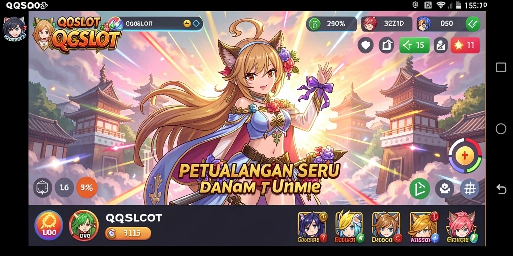 Screenshot gameplay QQSLOT menampilkan karakter anime yang menarik dan efek slot yang seru.