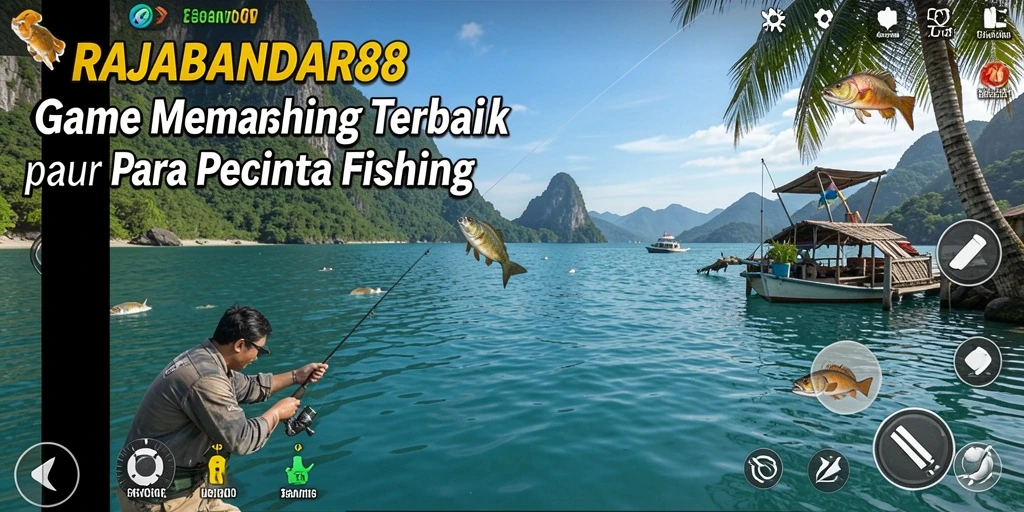 Screenshot RAJABANDAR88 menampilkan pemain menangkap ikan di danau yang indah.