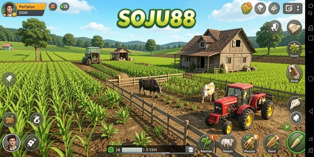 Tampilan gameplay seru dalam SOJU88 dengan aktivitas bertani.